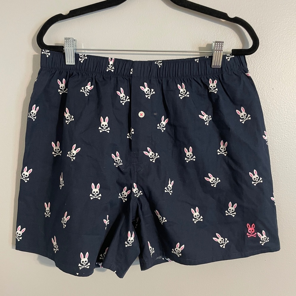 Psycho Bunny Boxers Mens Medium Navy Skull Bunny Print Loungewear